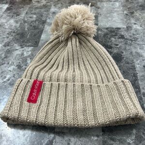 Calvin Klein women,s Beige Knit Beanie with Pom-Pom